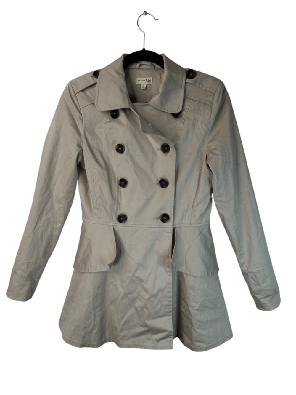 Maison Jules Taupe Double Breasted Trench Coat Peplum Jacket Lightweight Small